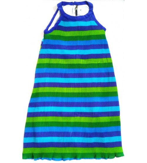 Summer Casual For Girls, Kids, Polyester Plain Pleated Vest Design Dress, Accordian Polyester, Pleated Striped, Cape Dress Skirt, Mix Color Blue and Green, Horizontal Striped Design, 100% Polyester, Ages: (7 To 8 Years), (9 To 10 Years), (11 To 12 Years)
